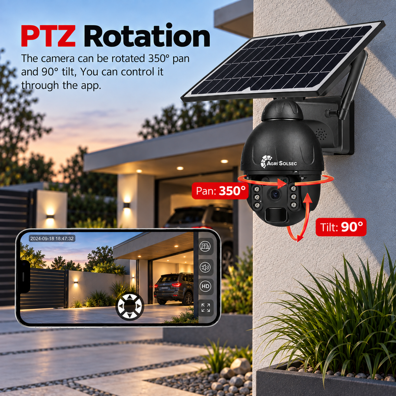 AGRISOLSEC 4G/3G STEEL SOLAR PTZ CAMERA Agri Solsec solar PTZ security camera with app-controlled 350° pan and 90° tilt for flexible outdoor surveillance.