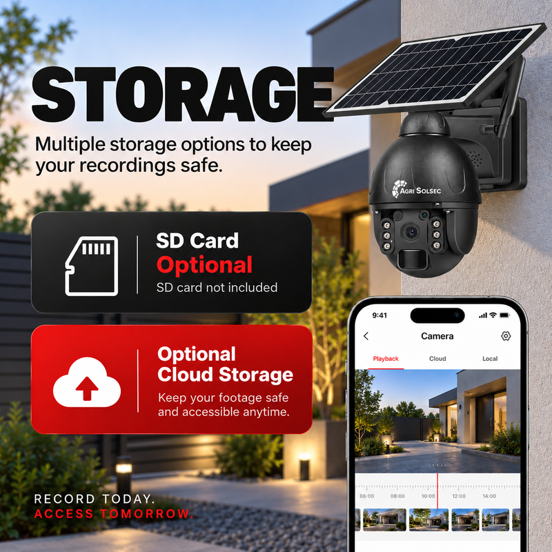 AGRISOLSEC 4G/3G STEEL SOLAR PTZ CAMERA Agri Solsec solar PTZ security camera with optional SD card and cloud storage for secure recording, playback and remote access.