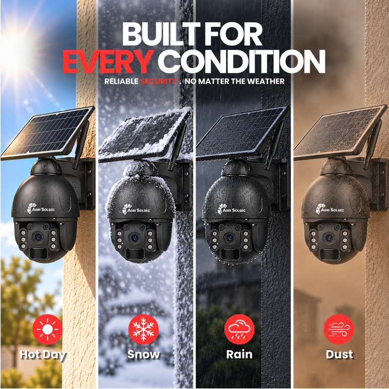 AGRISOLSEC 4G/3G STEEL SOLAR PTZ CAMERA Agri Solsec solar PTZ security camera shown in hot, snowy, rainy and dusty weather conditions for reliable outdoor surveillance.