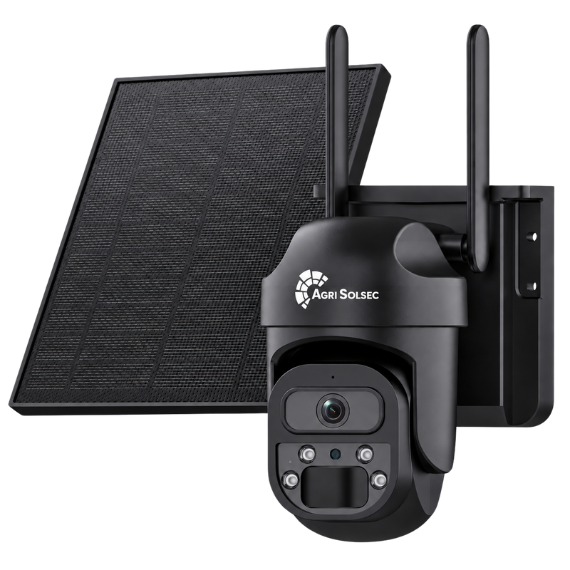AGRISOLSEC MINI LITE WIFI SOLAR PTZ CAMERA Agri Solsec solar PTZ security camera with integrated solar panel, dual antennas, wall mount and front-facing camera with LED night vision.
