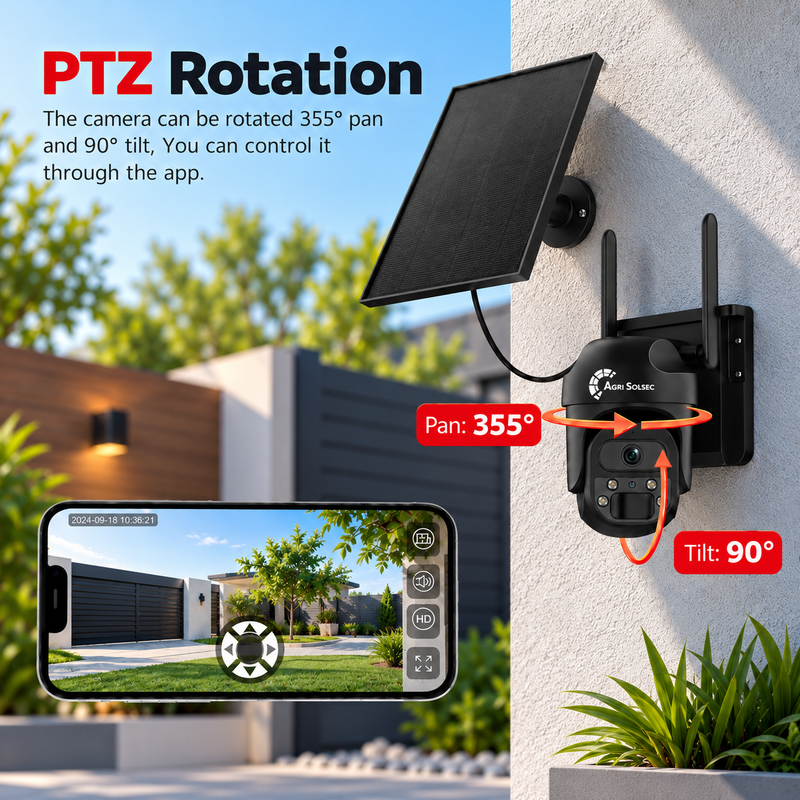 AGRISOLSEC MINI LITE WIFI SOLAR PTZ CAMERA Agri Solsec solar PTZ security camera with 355° pan and 90° tilt, app-controlled rotation and remote viewing.