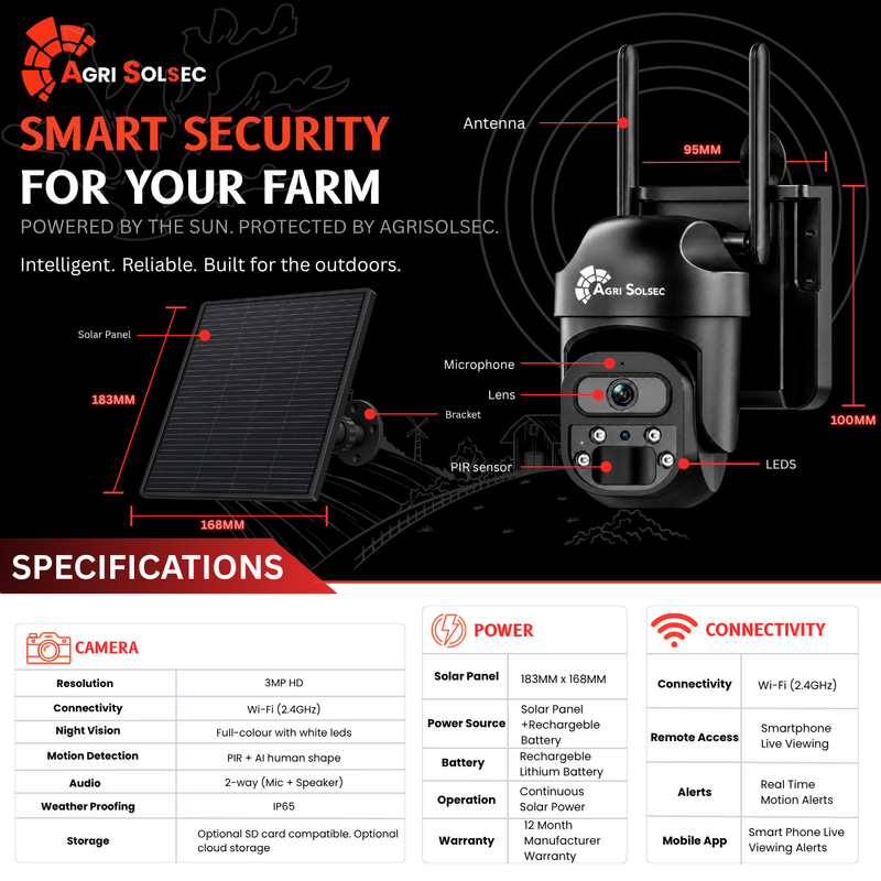 AGRISOLSEC MINI LITE WIFI SOLAR PTZ CAMERA Agri Solsec Mini Lite solar PTZ security camera specifications showing 3MP HD resolution, WiFi, PIR and AI motion detection, full-colour night vision, solar power, IP65 weatherproofing and camera dimensions.