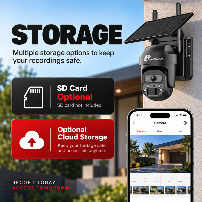 AGRISOLSEC MINI LITE WIFI SOLAR PTZ CAMERA Agri Solsec solar PTZ security camera with optional SD card and cloud storage for recording playback and remote access.