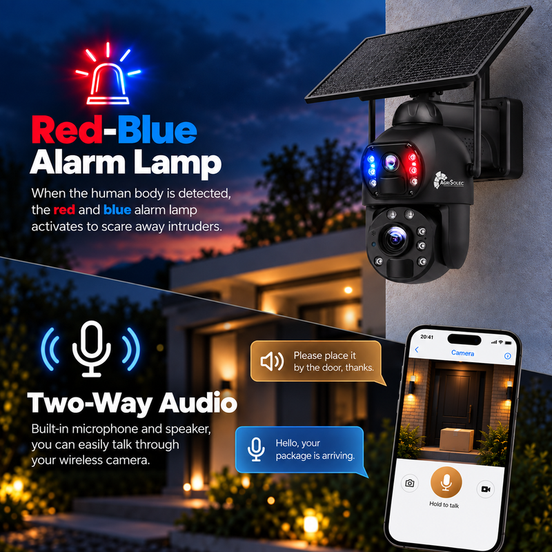 AGRISOLSEC WIFI 20X ZOOM DUAL LENS PTZ CAMERA Agri Solsec solar PTZ security camera with red and blue alarm lights, two-way audio, built-in microphone and speaker, and smartphone app control.