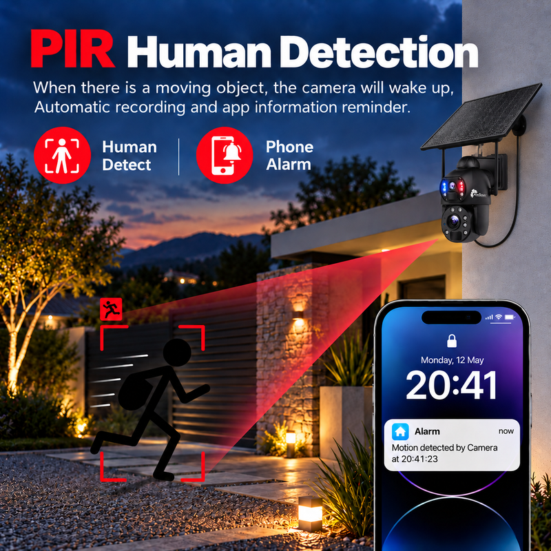 AGRISOLSEC WIFI 20X ZOOM DUAL LENS PTZ CAMERA Agri Solsec solar PTZ security camera with PIR human detection, automatic recording and smartphone motion alerts for outdoor home security.