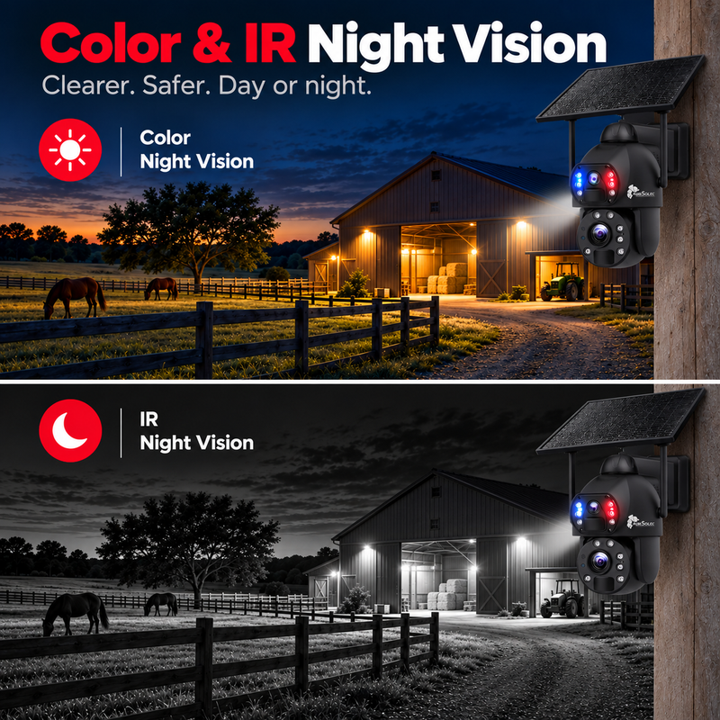 AGRISOLSEC WIFI 20X ZOOM DUAL LENS PTZ CAMERA Agri Solsec solar PTZ security camera showing full-colour and IR night vision for monitoring a farm, barn and livestock area.