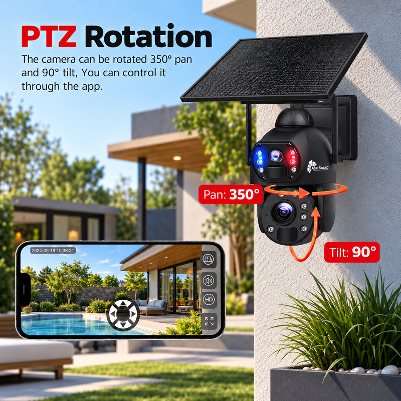 AGRISOLSEC WIFI 20X ZOOM DUAL LENS PTZ CAMERA Agri Solsec solar PTZ security camera with 350° pan, 90° tilt and app-controlled remote viewing.