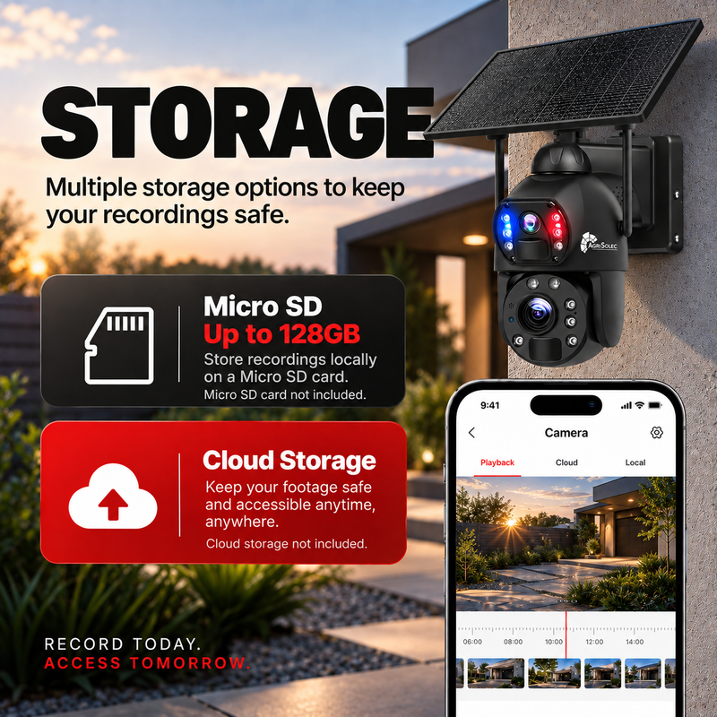 AGRISOLSEC WIFI 20X ZOOM DUAL LENS PTZ CAMERA Agri Solsec solar PTZ security camera with Micro SD storage up to 128GB, optional cloud storage, local recording and smartphone playback access.