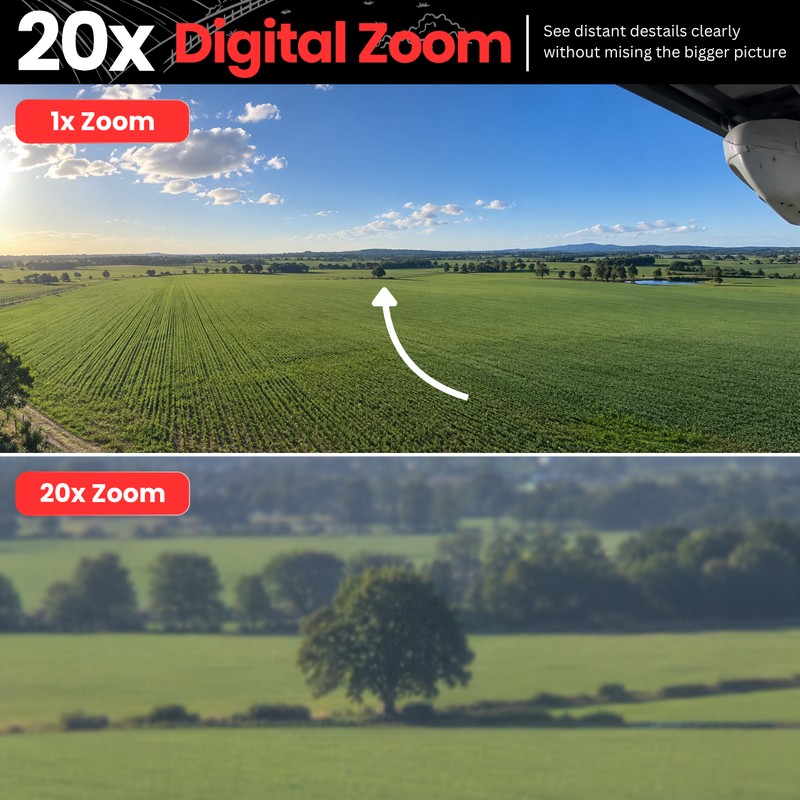 AGRISOLSEC WIFI 20X ZOOM DUAL LENS PTZ CAMERA 20x digital zoom comparison showing a wide farmland view at 1x zoom and a magnified distant tree at 20x zoom.