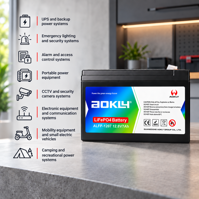 AOKLY 12.8V 7AH LIFEPO₄ LITHIUM BATTERY Aokly ALFP-1207 12.8V 7Ah LiFePO4 lithium battery for UPS and backup power, emergency lighting, security systems, access control, CCTV, electronic equipment, mobility equipment and recreational power applications.