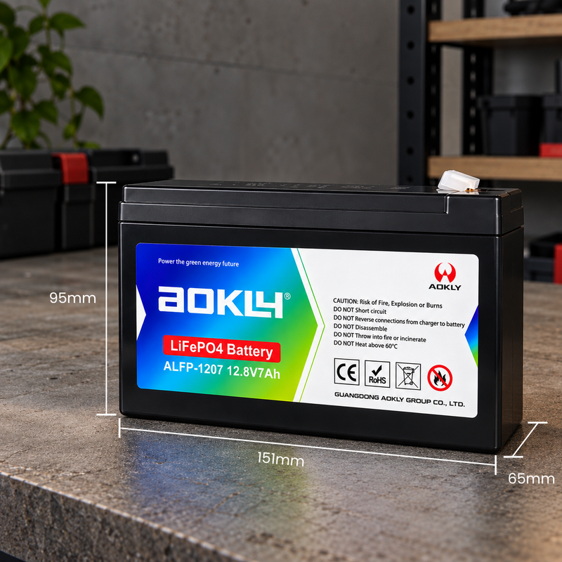 AOKLY 12.8V 7AH LIFEPO₄ LITHIUM BATTERY Aokly ALFP-1207 12.8V 7Ah LiFePO4 lithium battery with dimensions of 151mm wide, 95mm high and 65mm deep.