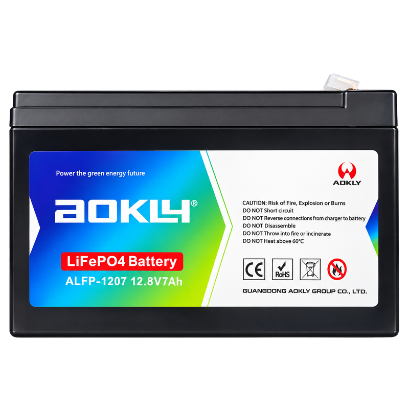 AOKLY 12.8V 7AH LIFEPO₄ LITHIUM BATTERY Aokly ALFP-1207 12.8V 7Ah LiFePO4 lithium battery with black casing and front product label.