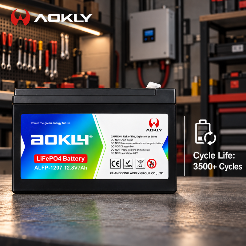 AOKLY 12.8V 7AH LIFEPO₄ LITHIUM BATTERY Aokly ALFP-1207 12.8V 7Ah LiFePO4 lithium battery shown in a workshop setting with a 3500+ cycle life rating.