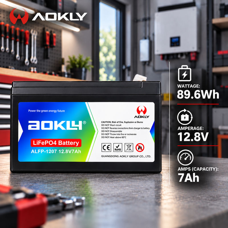 AOKLY 12.8V 7AH LIFEPO₄ LITHIUM BATTERY Aokly ALFP-1207 12.8V 7Ah LiFePO4 lithium battery showing 89.6Wh capacity, 12.8V voltage and 7Ah capacity in a workshop setting.
