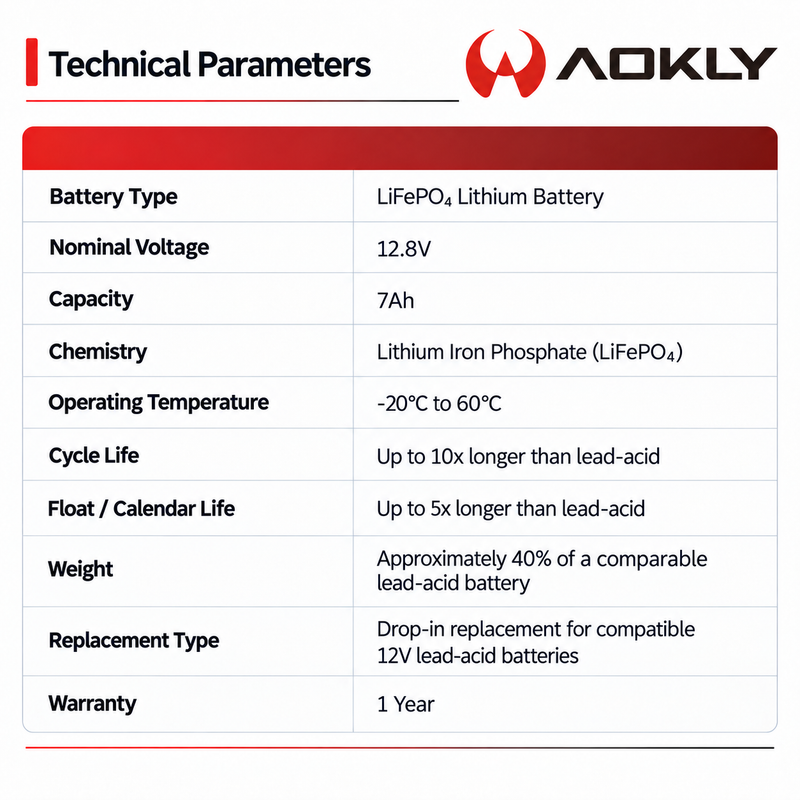 AOKLY 12.8V 7AH LIFEPO₄ LITHIUM BATTERY Aokly ALFP-1207 12.8V 7Ah LiFePO4 lithium battery technical parameters chart showing voltage, capacity, chemistry, temperature range, cycle life, weight and replacement type.