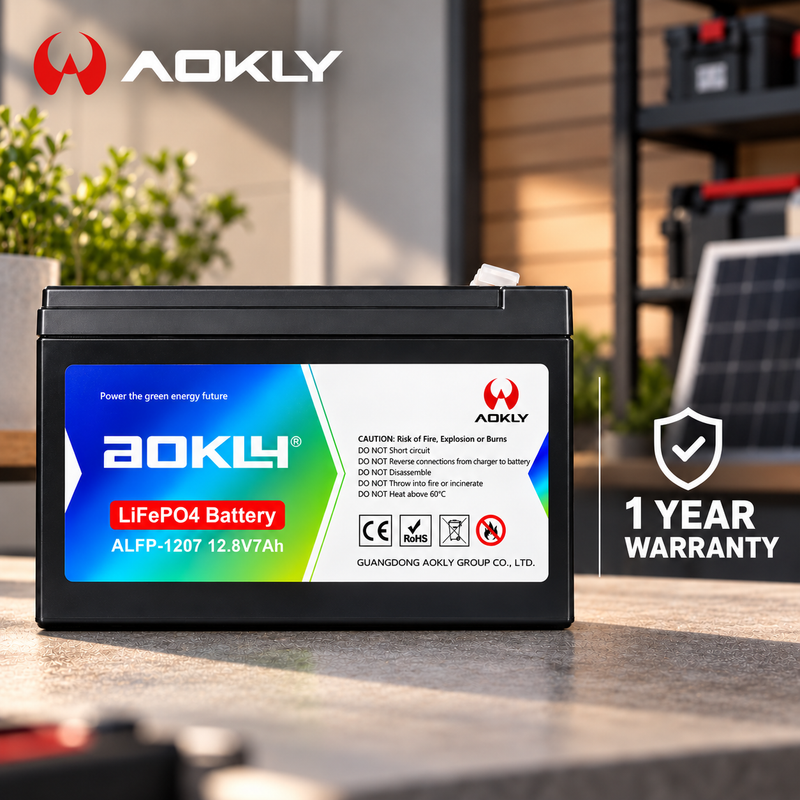 AOKLY 12.8V 7AH LIFEPO₄ LITHIUM BATTERYAokly ALFP-1207 12.8V 7Ah LiFePO4 lithium battery with a 1-year warranty, shown in a workshop setting.