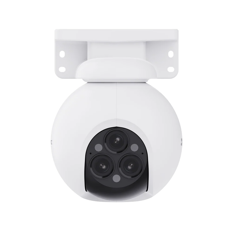 White security camera with a black lens on a white background