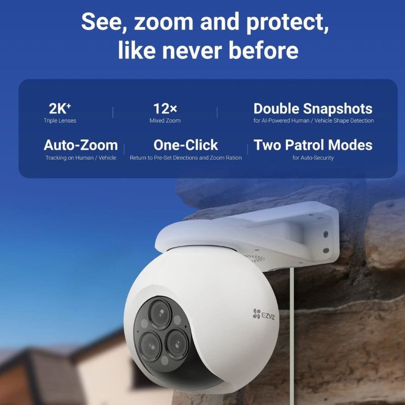 White security camera with features listed on a blue background