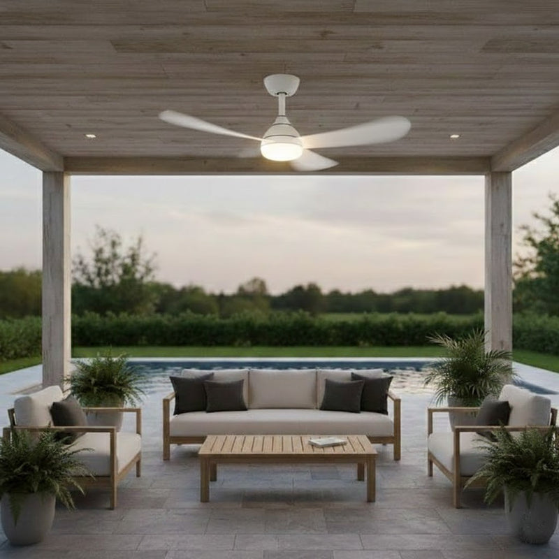 Outdoor patio with furniture, ceiling fan, and pool view
